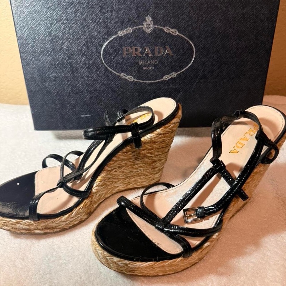 Prada Black Patent Leather Espadrille Wedges